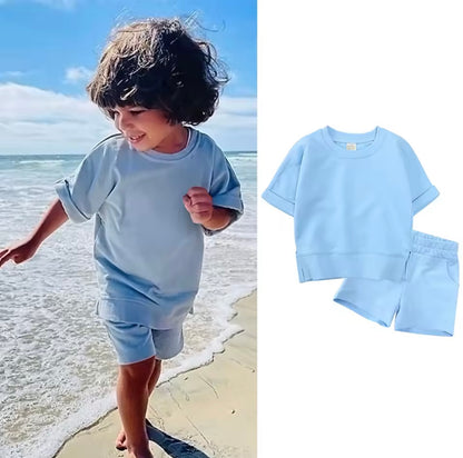 Kids Unisex Lightweight Short Sleeve Sweater & Matching Shorts Set. 6 Colours 12M-7Y