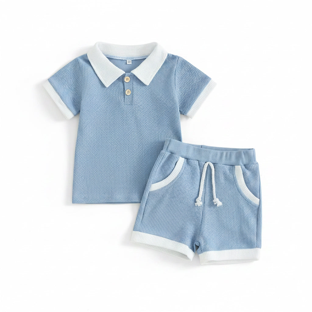 Kids Boys Lightweight Casual Waffle Polo Shirt & Shorts Set. 3 Colours 6M-3Y