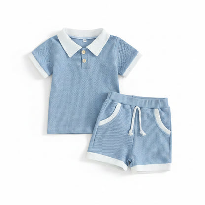 Kids Boys Lightweight Casual Waffle Polo Shirt & Shorts Set. 3 Colours 6M-3Y