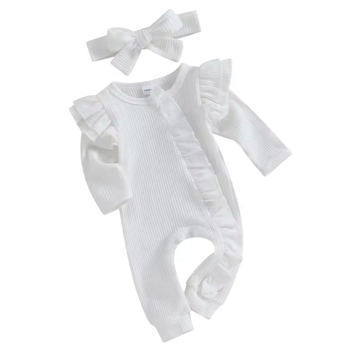 Baby Toddler Girls Ribbed Ruffle Romper & Headband Set. 3 Colours Newborn-12M