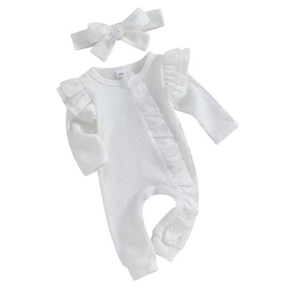 Baby Toddler Girls Ribbed Ruffle Romper & Headband Set. 3 Colours Newborn-12M