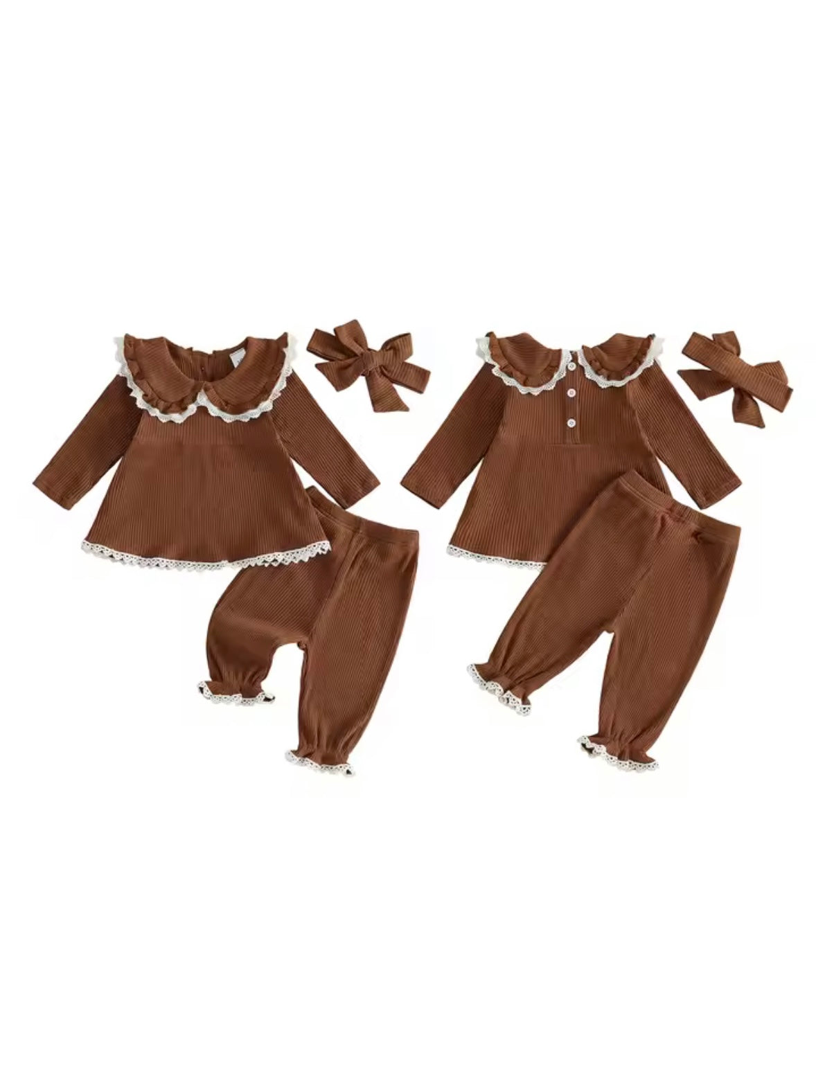 Baby Toddler Girls Ribbed Lace Trim Top Trousers & Headband Set. 3 Colours 6M-3Y