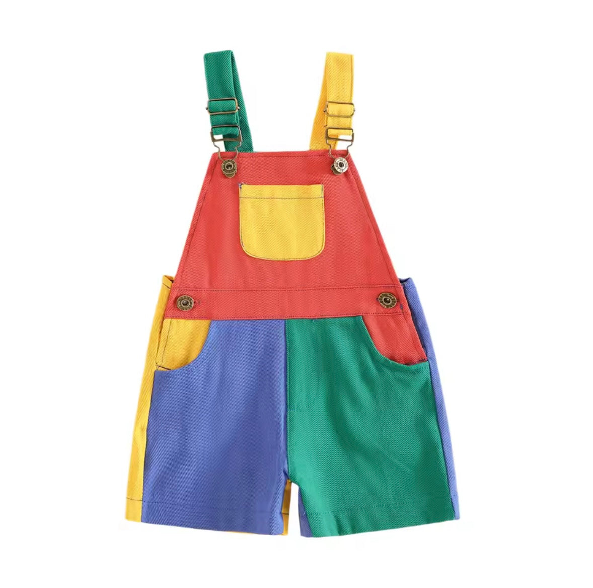 Kids Unisex Patchwork Dungaree Shorts. 6 Colours 12M-4Y
