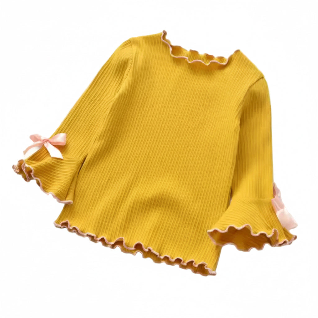 Kids Girls Ribbed Long Sleeve Bowknot Top. 3 Colours 2-8Y