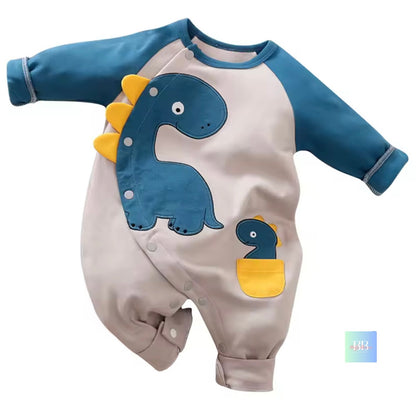 Baby onesie with dinosaur design on a white background