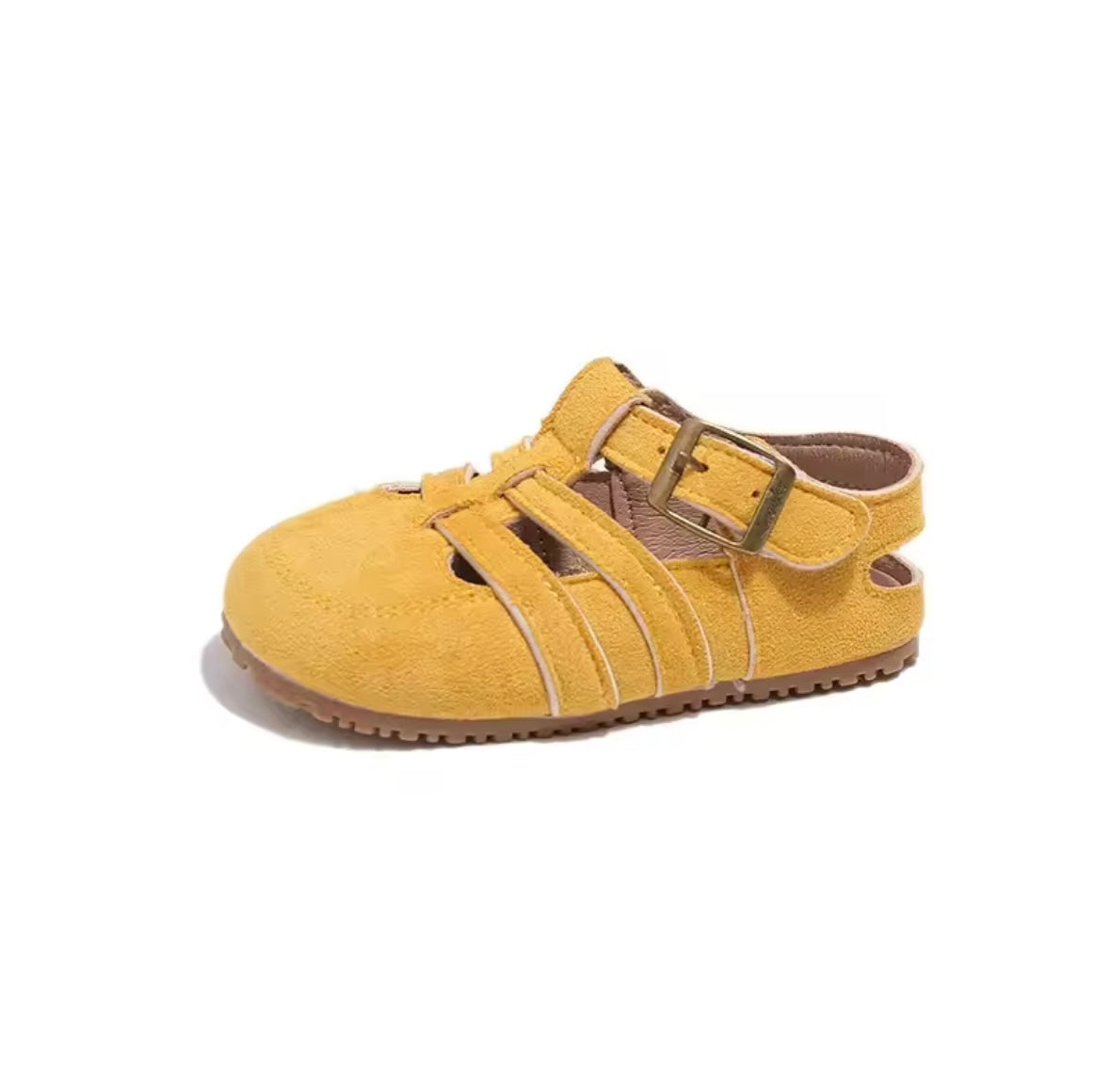 Yellow sandal with a strap on a white background
