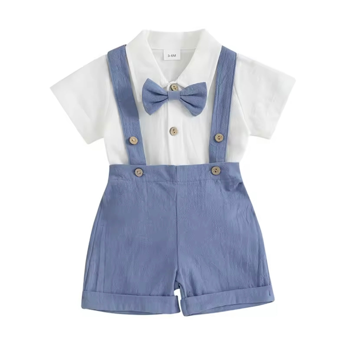 Baby Toddler Boys Romper Shirt with Bow Tie & Dungaree Shorts. 3 Colours 3-24M