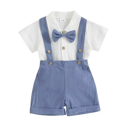 Baby Toddler Boys Romper Shirt with Bow Tie & Dungaree Shorts. 3 Colours 3-24M
