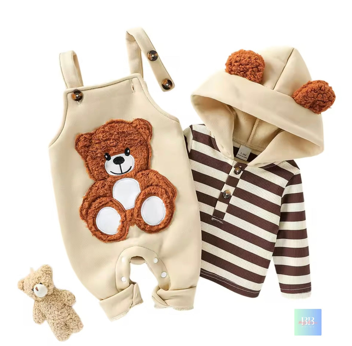 Baby outfit set with bear-themed romper and striped hoodie on a white background
