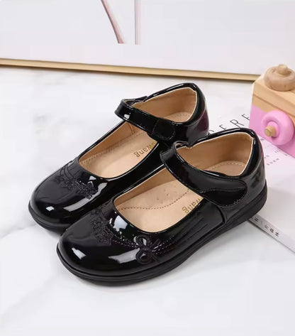 Kids Girls Black Velcro Strap School Shoes. 2 Variations Uk Junior Size 10-4