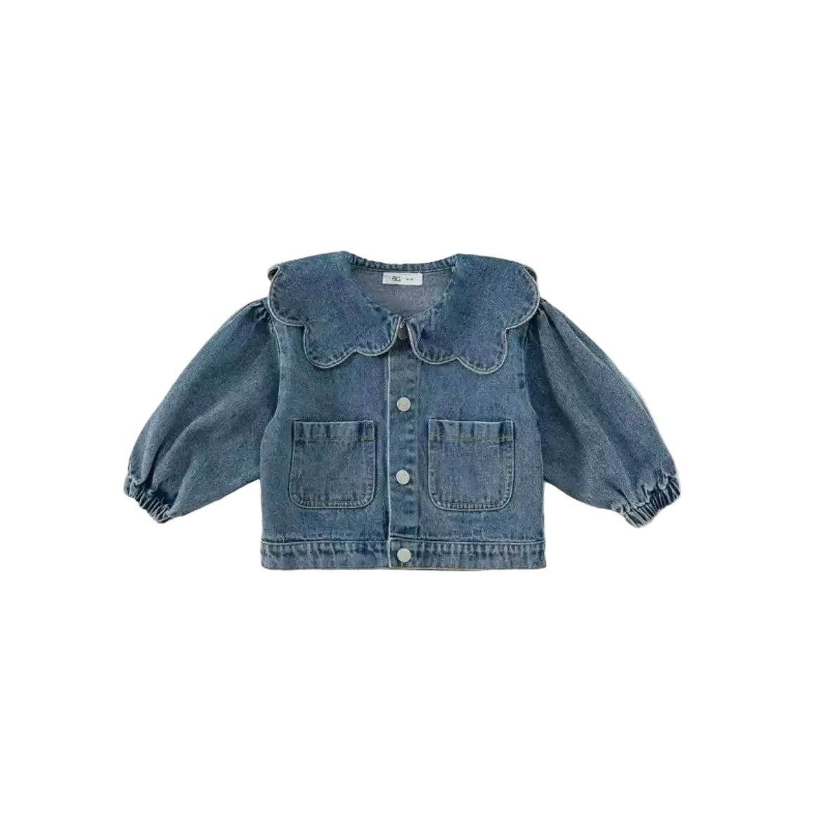 Blue denim jacket with ruffled collar on a white background