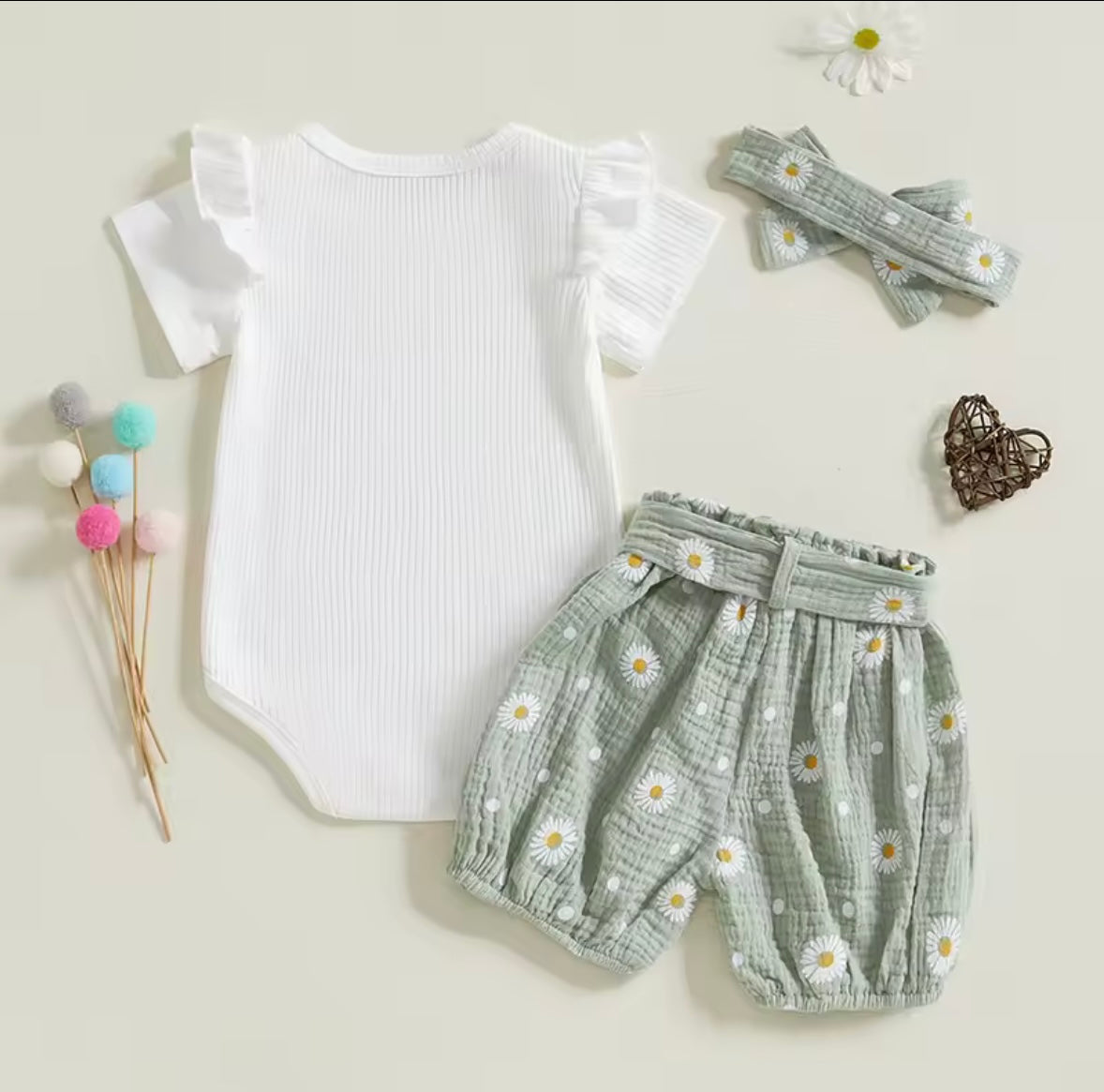 Baby Toddler Girls Ribbed Romper Muslin Shorts & Matching Headband Set 3M-24M