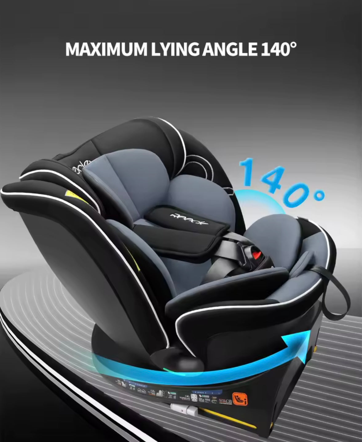 Child car seat with maximum lying angle of 140 degrees on a dark background