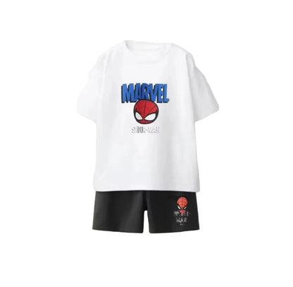 White t-shirt with Marvel Spider-Man logo and black shorts on a light gray background