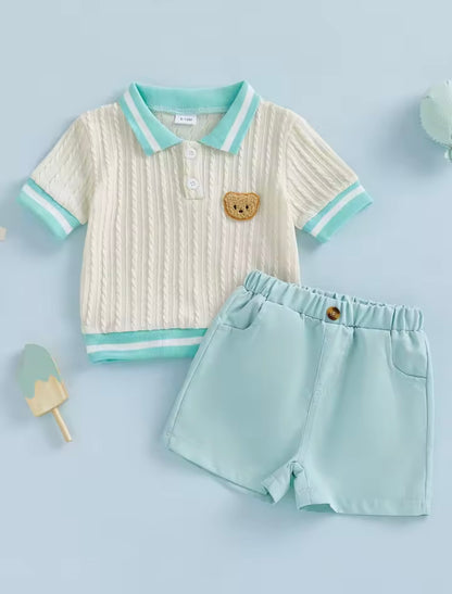 Kids Boys Cable Knit Collared Top & Shorts Set. 2 Colours 6M-4Y.