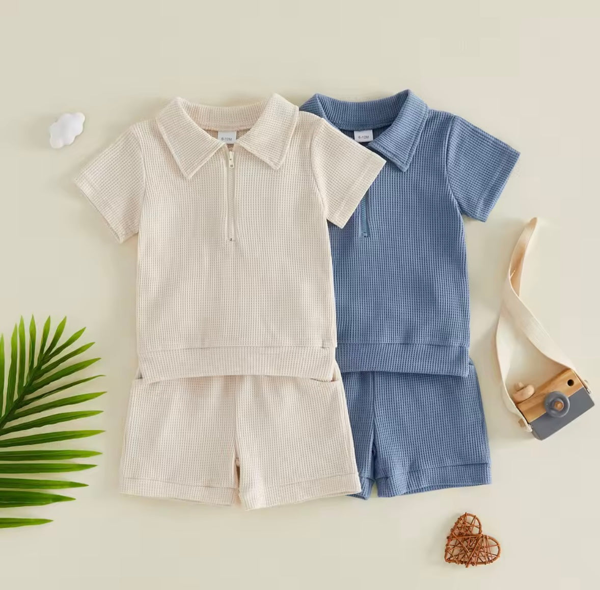 Kids Boys Half Zip Lapel Collar T-shirt & Matching Shorts Set. 2 Colours 6M-4Y