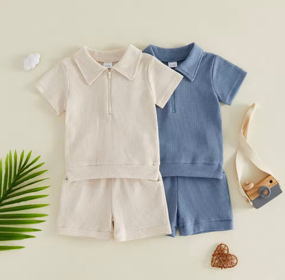 Kids Boys Half Zip Lapel Collar T-shirt & Matching Shorts Set. 2 Colours 6M-4Y