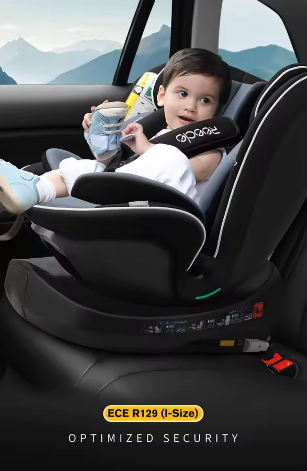 Child in a car seat with a mountainous landscape outside the window