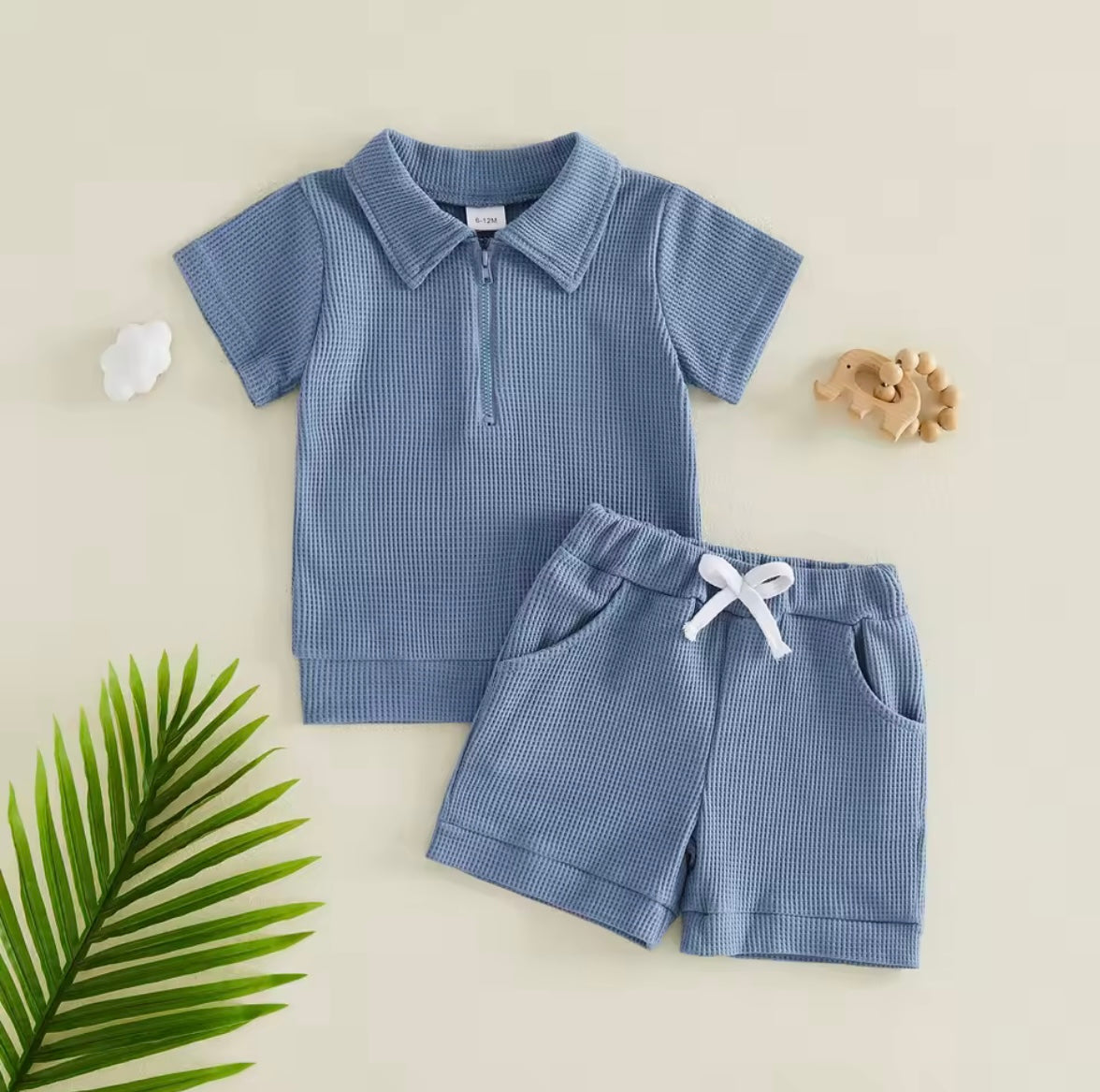 Kids Boys Half Zip Lapel Collar T-shirt & Matching Shorts Set. 2 Colours 6M-4Y