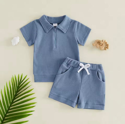 Kids Boys Half Zip Lapel Collar T-shirt & Matching Shorts Set. 2 Colours 6M-4Y