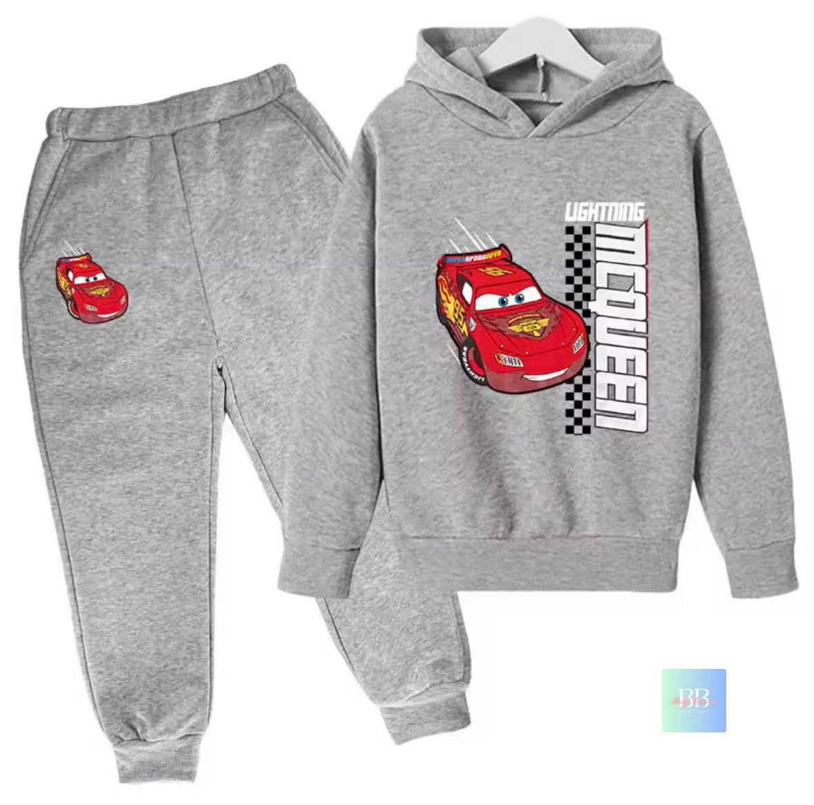 Gray hoodie and pants set with Lightning McQueen design on a white background