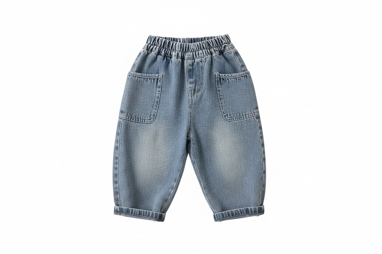 Light blue denim pants on a white background