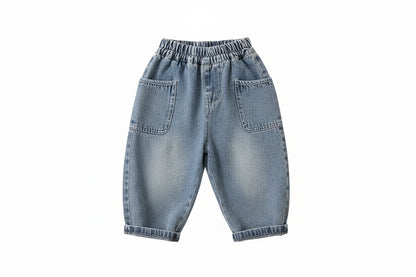 Light blue denim pants on a white background