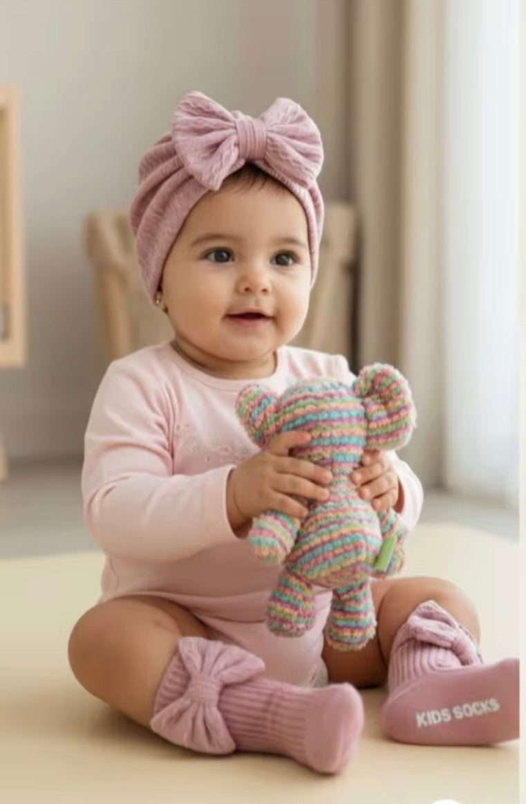 Baby Toddler Girls Bowknot Headscarf Hat & Matching Bowknot Socks. 5 Colours Fits 0-6M