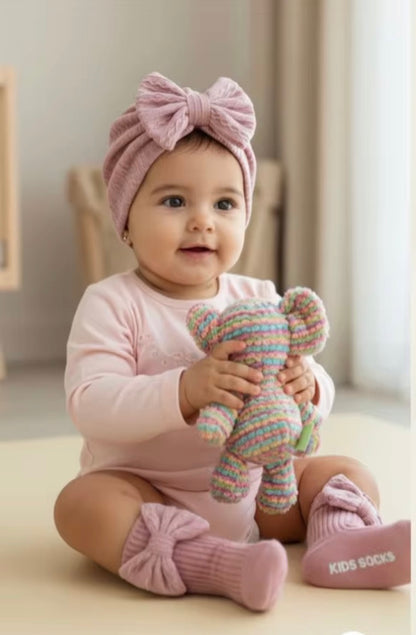 Baby Toddler Girls Bowknot Headscarf Hat & Matching Bowknot Socks. 5 Colours Fits 0-6M