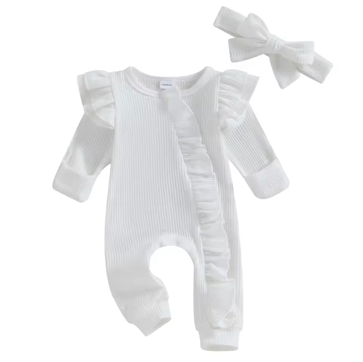 Baby Toddler Girls Ribbed Ruffle Romper & Headband Set. 3 Colours Newborn-12M