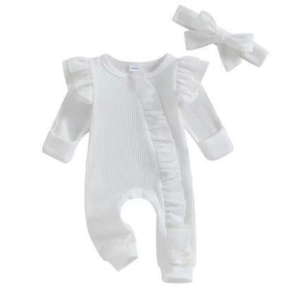 Baby Toddler Girls Ribbed Ruffle Romper & Headband Set. 3 Colours Newborn-12M