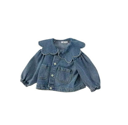 Blue denim jacket with ruffled collar on a white background