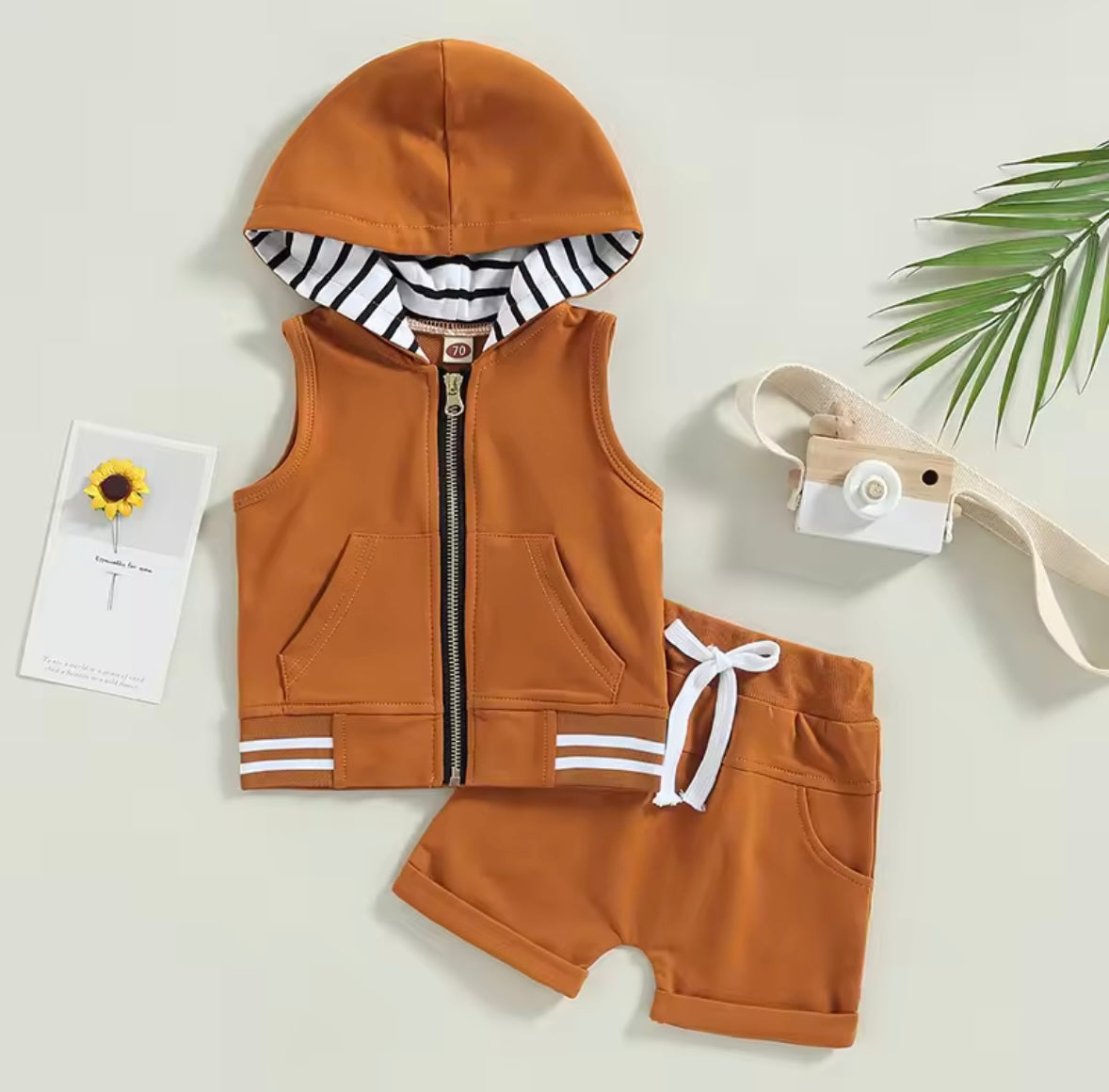 Kids Boys Lightweight Sleeveless Hooded Zipper & Shorts Set. 4 Colours 3M-3Y
