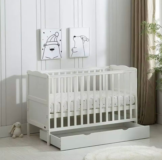 Baby Toddler Wooden Cot Bed with Waterproof Mattress & Drawer Colour Grey
