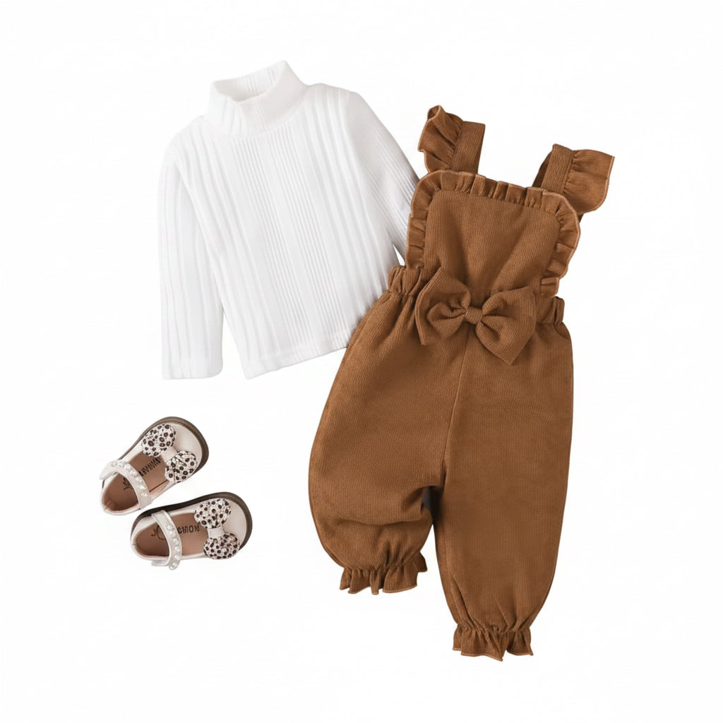 Baby Toddler Girls Ribbed Bowknot Dungarees & Ribbed Long Sleeve Top Set. 2 Colours 3-24M