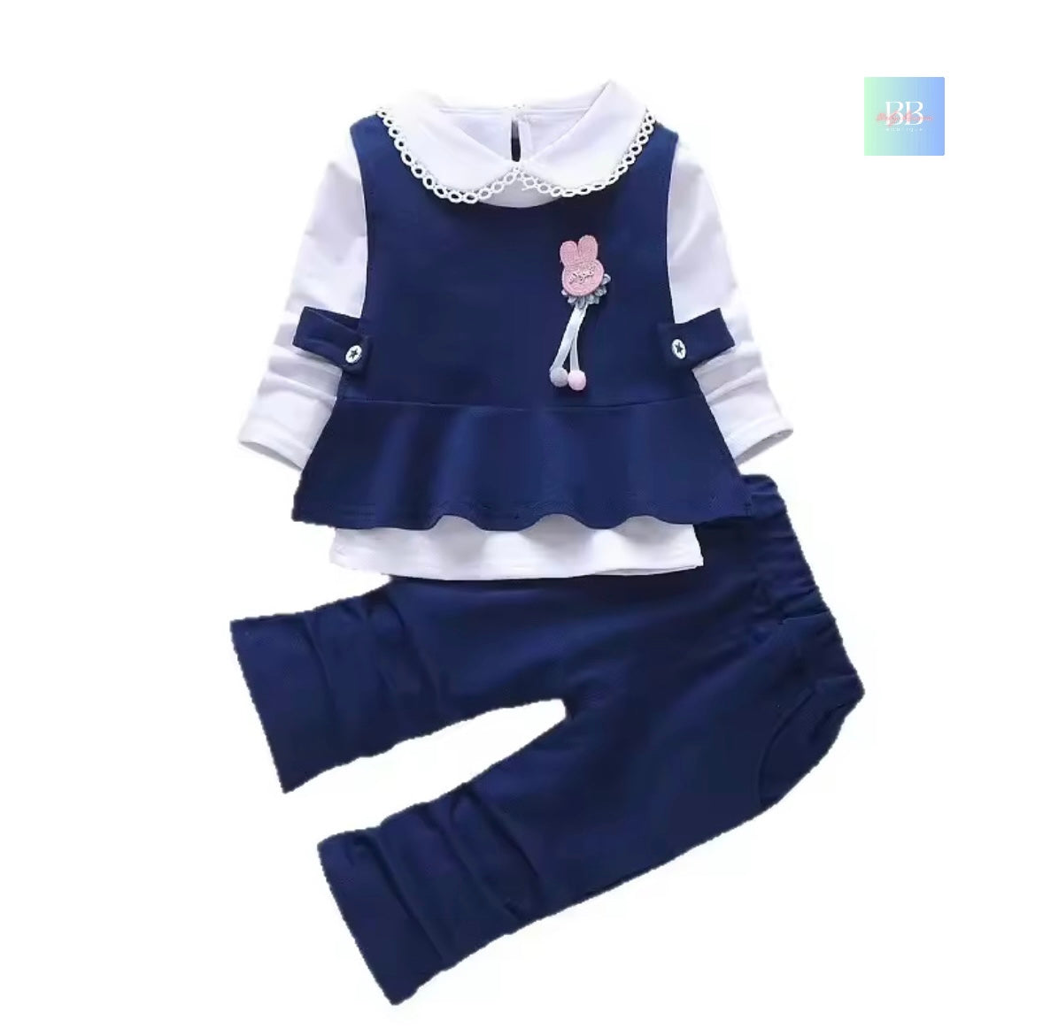 Children's outfit with navy blue top and pants on a white background