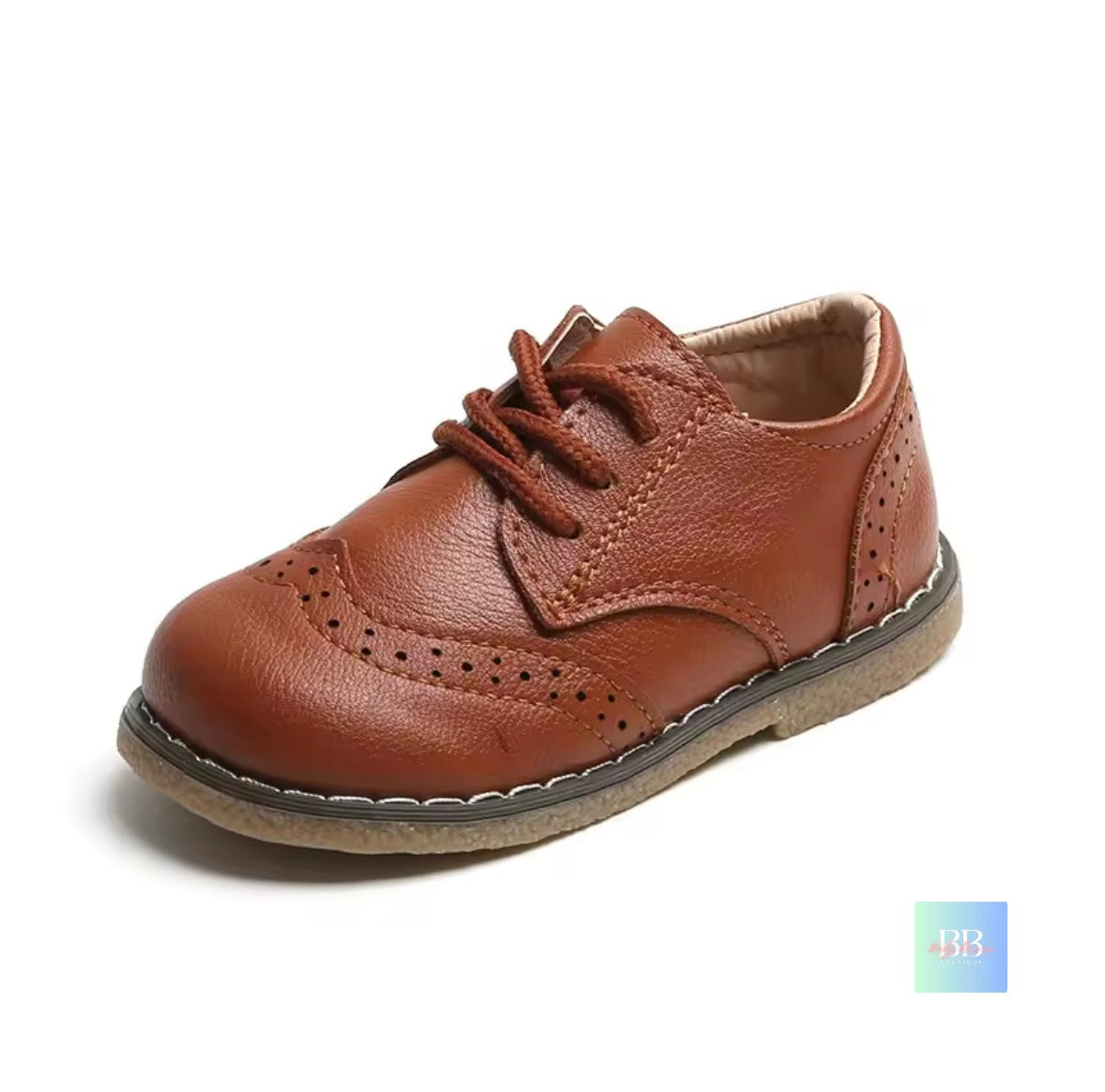 Brown leather shoe with laces on a white background