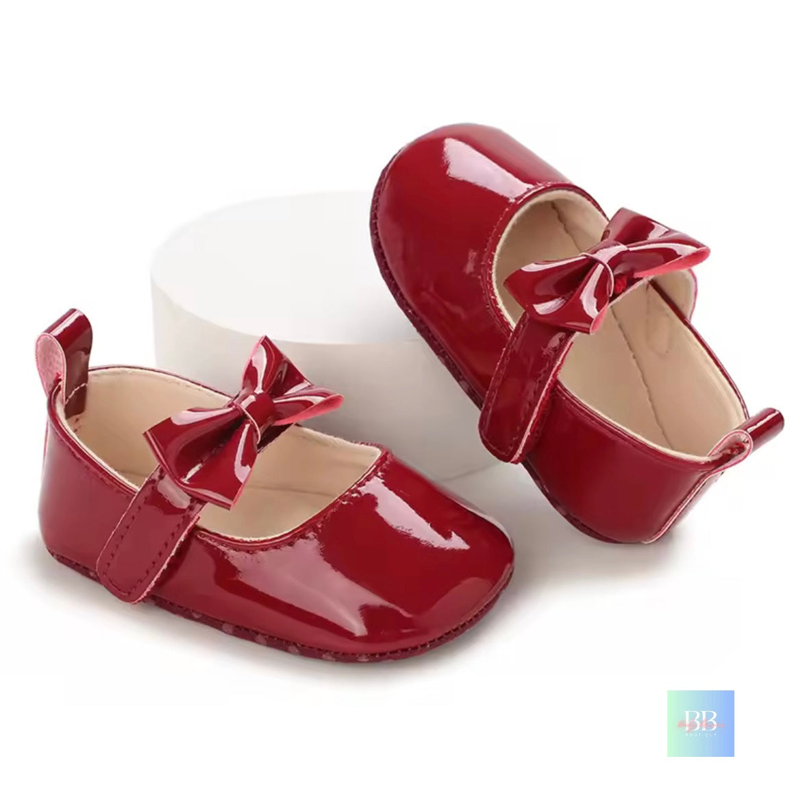 Patent Baby Shoes with Bowknot Velcro Strap. 6 Colours, 0-18M