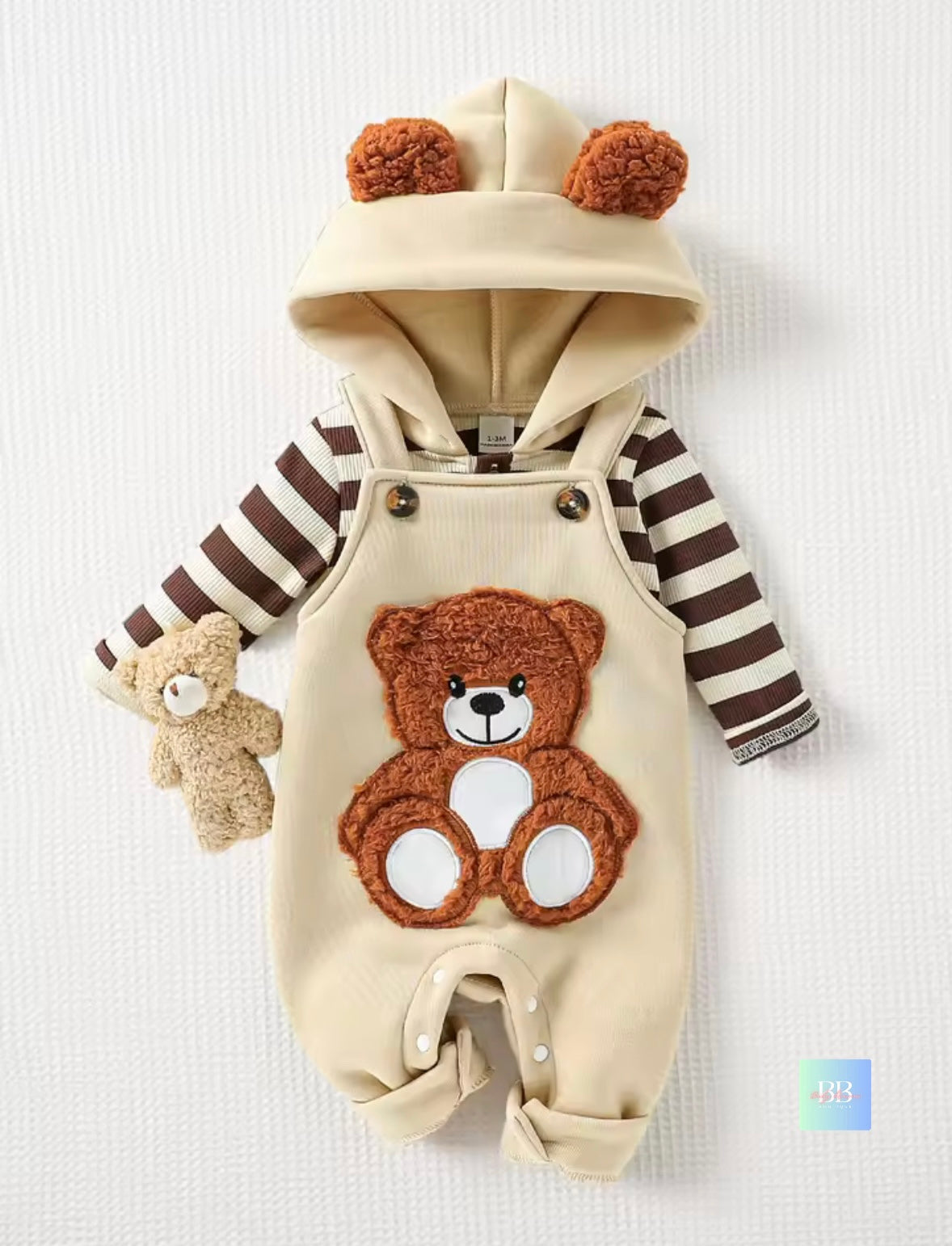 Baby romper with bear design and striped sleeves on a white background