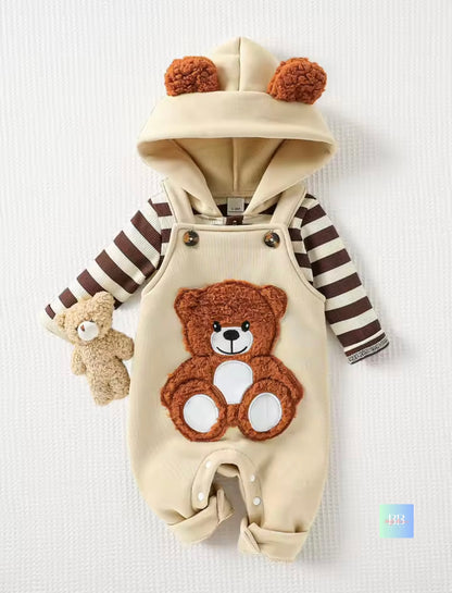 Baby romper with bear design and striped sleeves on a white background