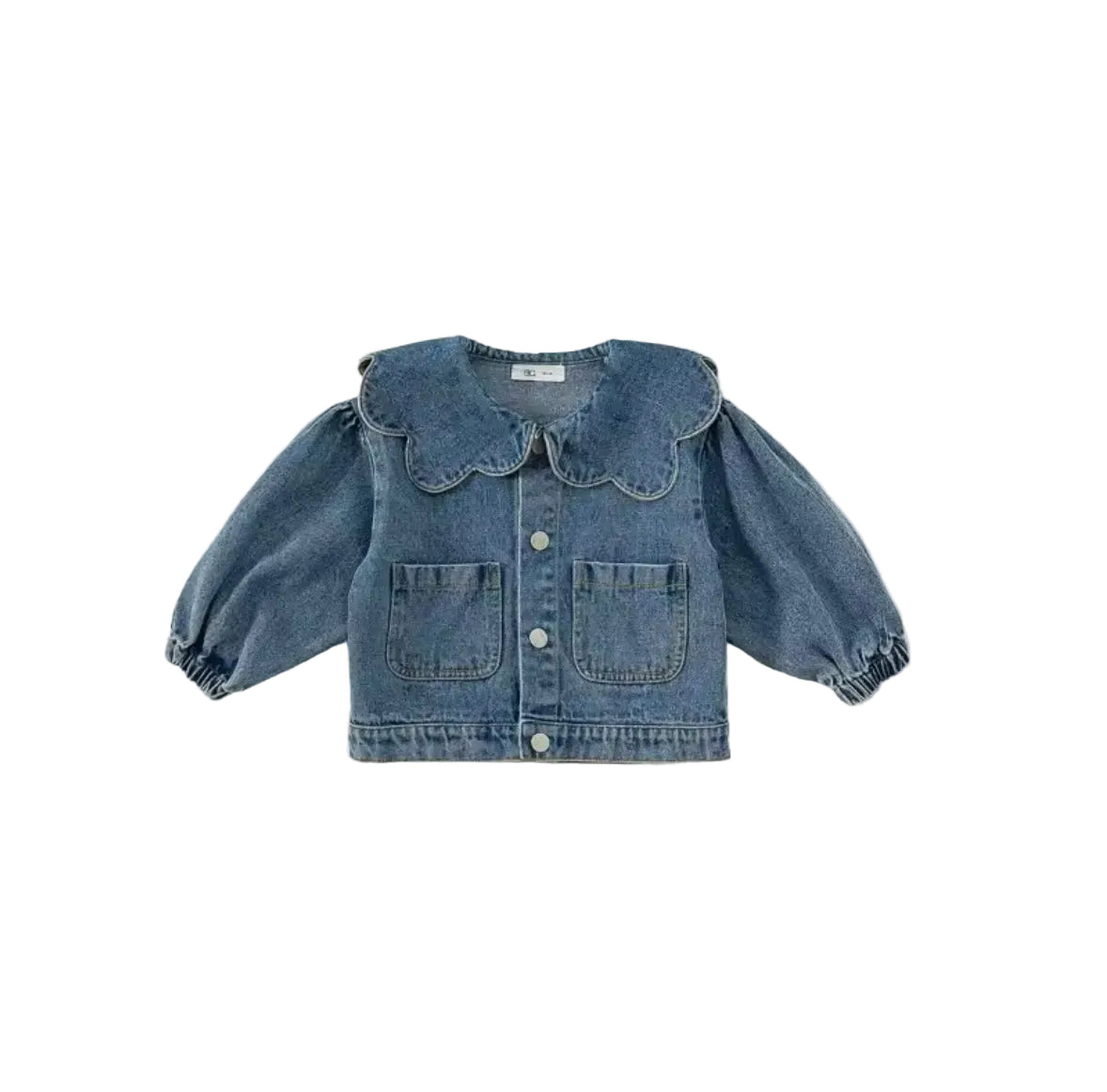Denim jacket with ruffled collar on a white background, brand 'Jorge Amado' visible.