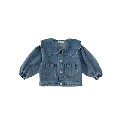 Denim jacket with ruffled collar on a white background, brand 'Jorge Amado' visible.