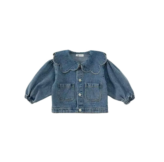 Denim jacket with ruffled collar on a white background, brand 'Jorge Amado' visible.