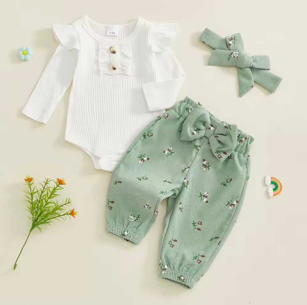 Kids Girls Long Sleeve Romper With Floral Trousers & Headband Set. 3 Colours 1-12M