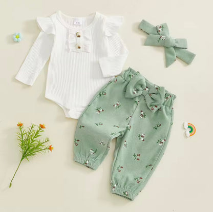 Kids Girls Long Sleeve Romper With Floral Trousers & Headband Set. 3 Colours 1-12M