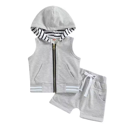 Kids Boys Lightweight Sleeveless Hooded Zipper & Shorts Set. 4 Colours 3M-3Y