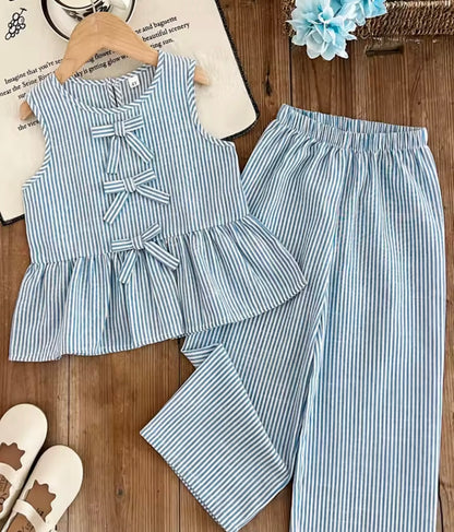 Kids Girls Pinstripe Sleeveless Bowknot Top & Wide Leg Trousers. 2 Colours 3-7Y