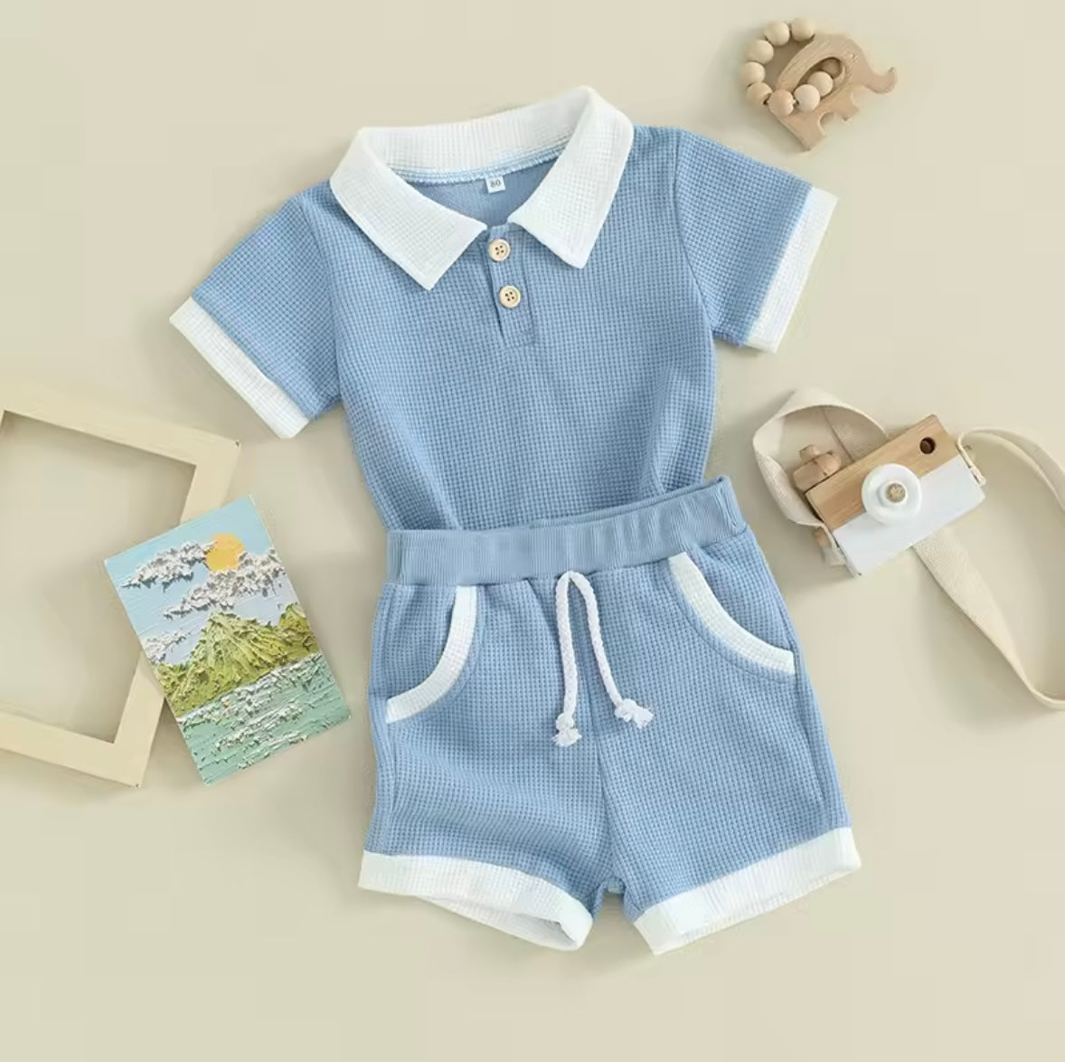 Kids Boys Lightweight Casual Waffle Polo Shirt & Shorts Set. 3 Colours 6M-3Y