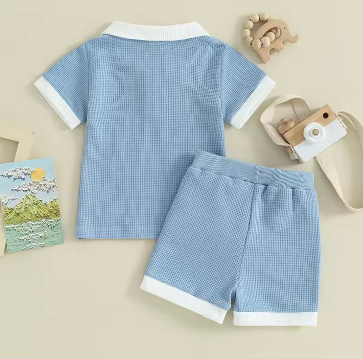 Kids Boys Lightweight Casual Waffle Polo Shirt & Shorts Set. 3 Colours 6M-3Y