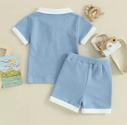 Kids Boys Lightweight Casual Waffle Polo Shirt & Shorts Set. 3 Colours 6M-3Y